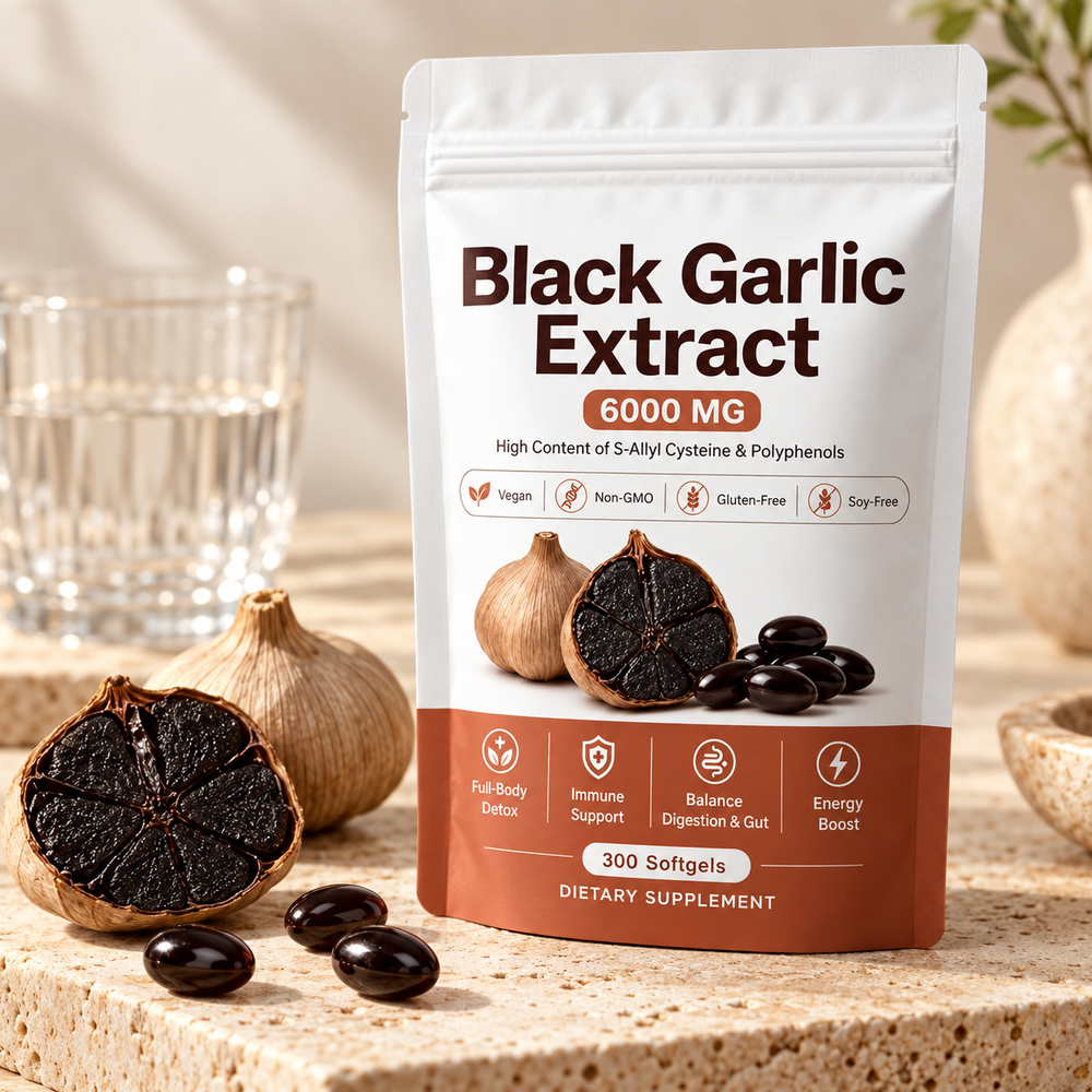 Black garlic extract softgel pouch with garlic on warm stone