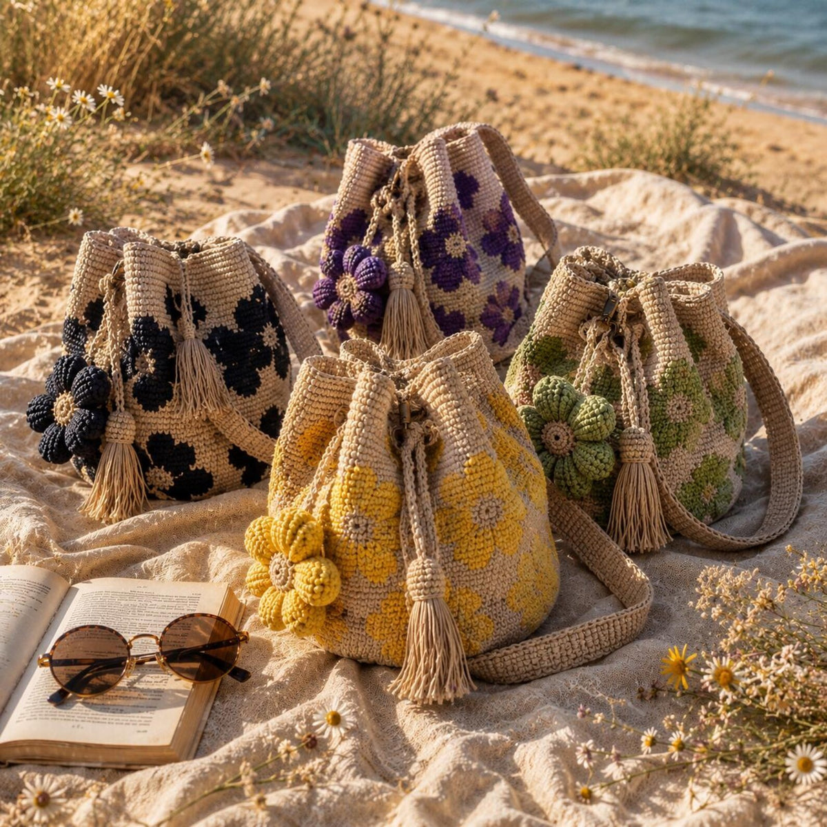 Handmade Floral Boho Crochet Flower Tote Bag